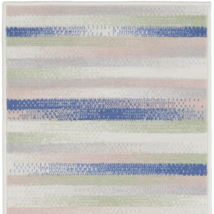 8' Ivory Tan and Blue Abstract Distressed Non Skid Runner Rug