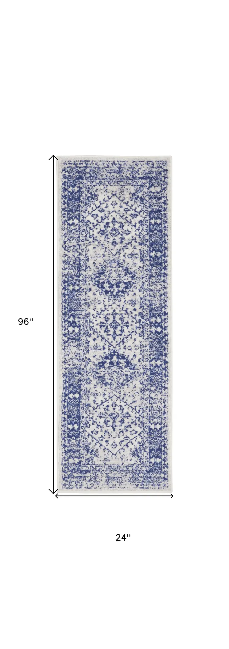 8' Ivory and Navy Blue Geometric Distressed Non Skid Runner Rug