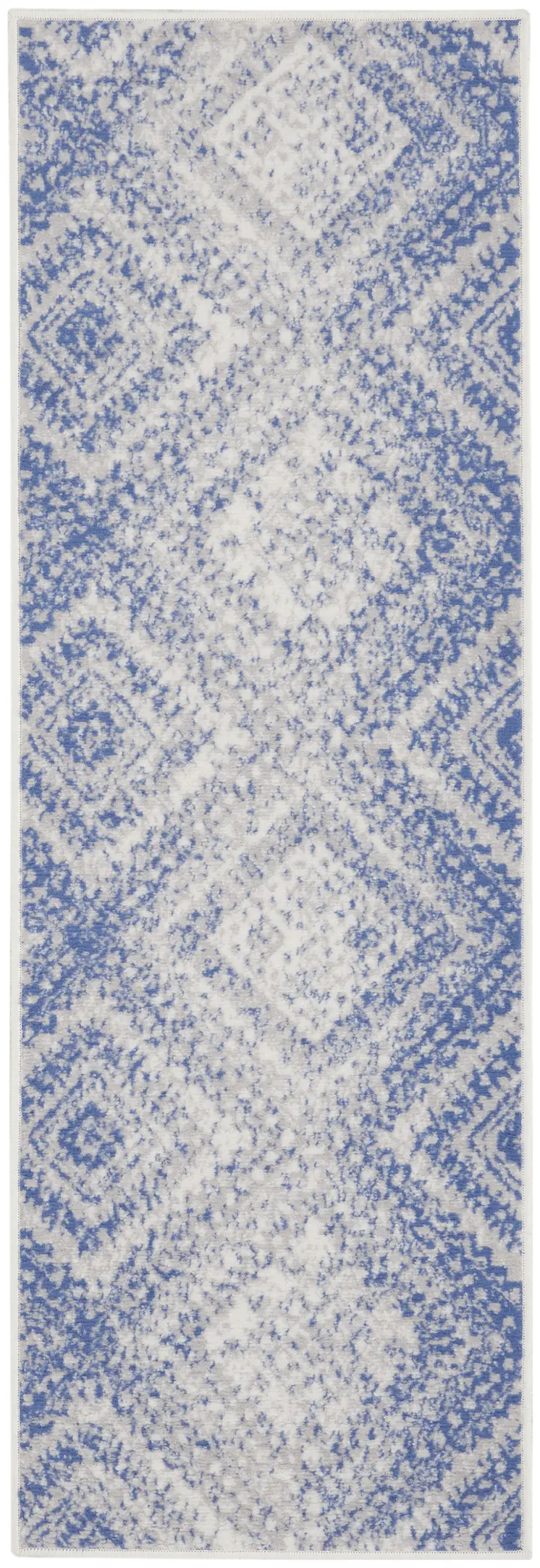 8' Ivory and Blue Geometric Distressed Non Skid Runner Rug