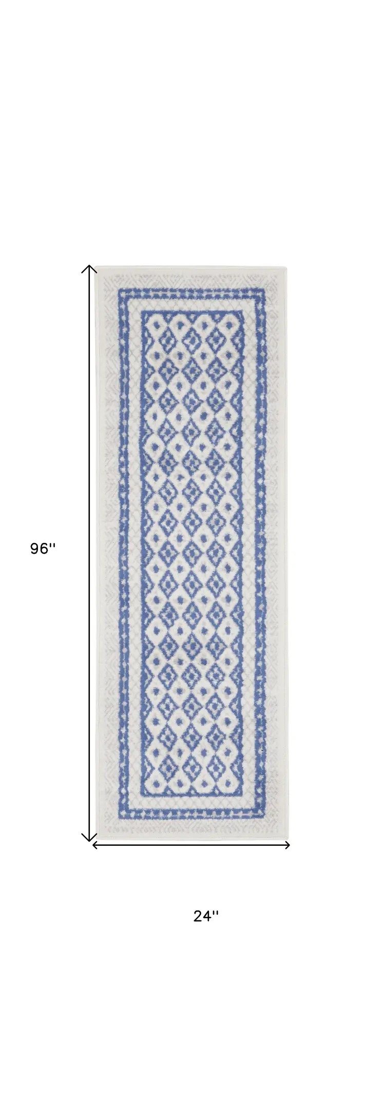 8' Ivory and Blue Geometric Distressed Non Skid Runner Rug