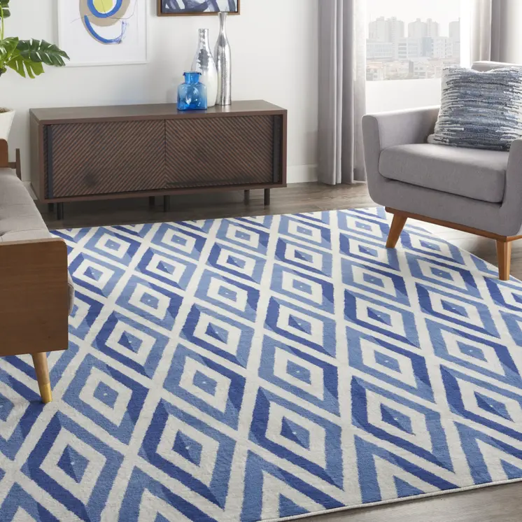 7' X 10' Ivory and Blue Geometric Distressed Non Skid Area Rug
