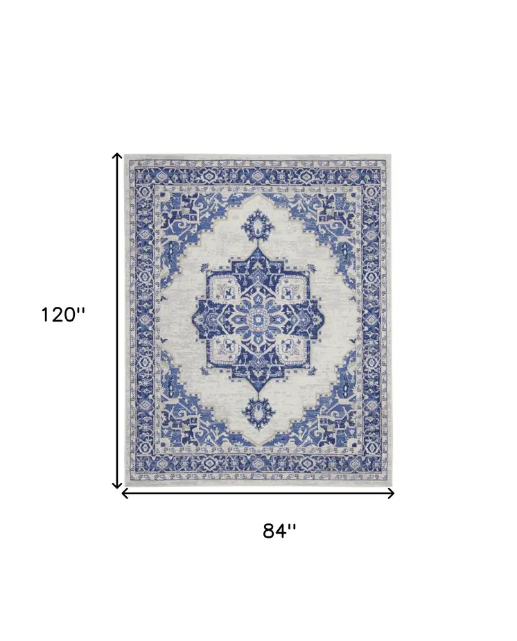7' X 10' Ivory and Blue Floral Medallion Distressed Non Skid Area Rug