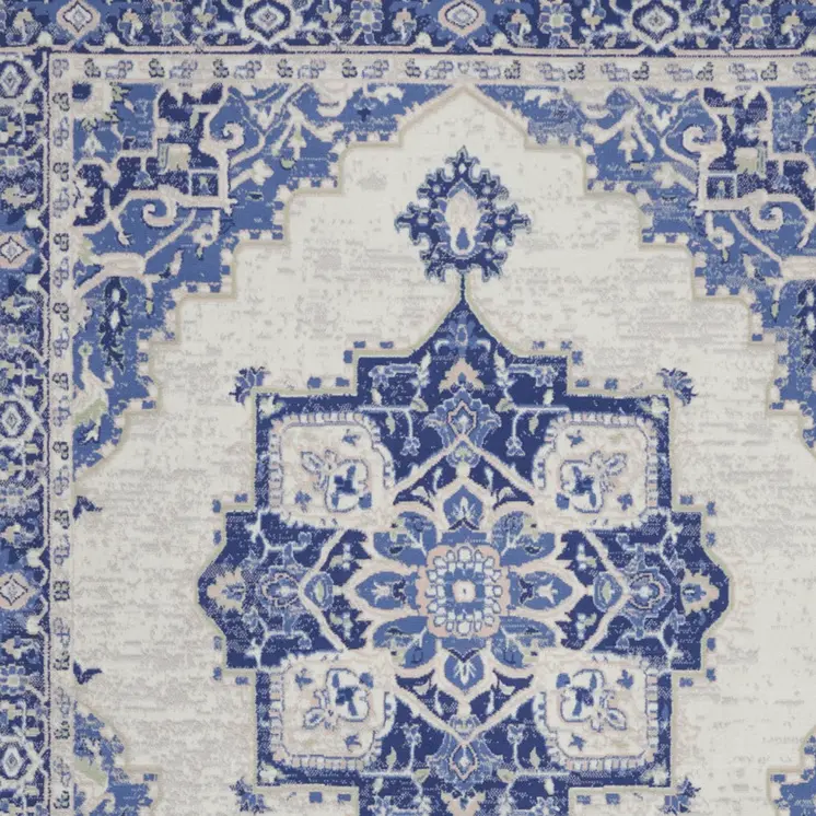 7' X 10' Ivory and Blue Floral Medallion Distressed Non Skid Area Rug