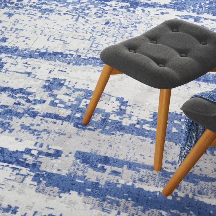 7' X 10' Ivory and Navy Blue Abstract Distressed Non Skid Area Rug
