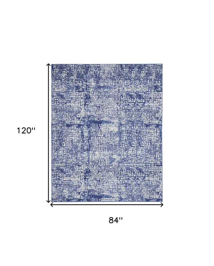 7' X 10' Ivory and Navy Blue Abstract Distressed Non Skid Area Rug