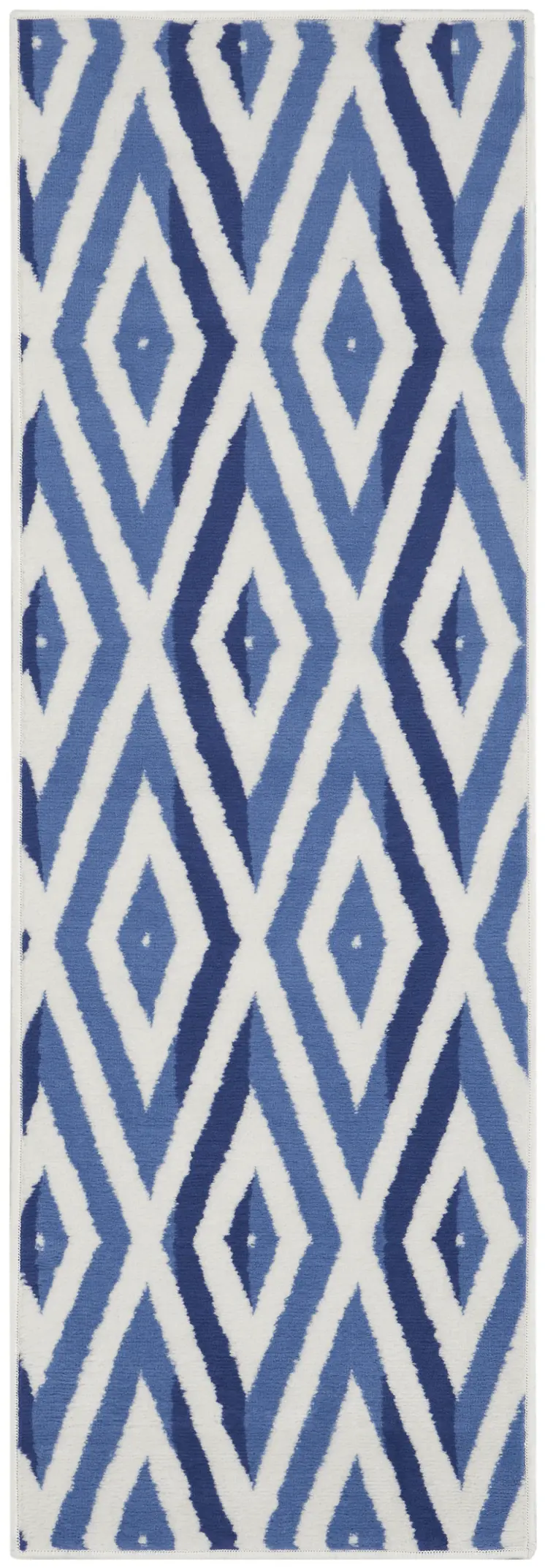 8' Ivory and Blue Geometric Distressed Non Skid Runner Rug