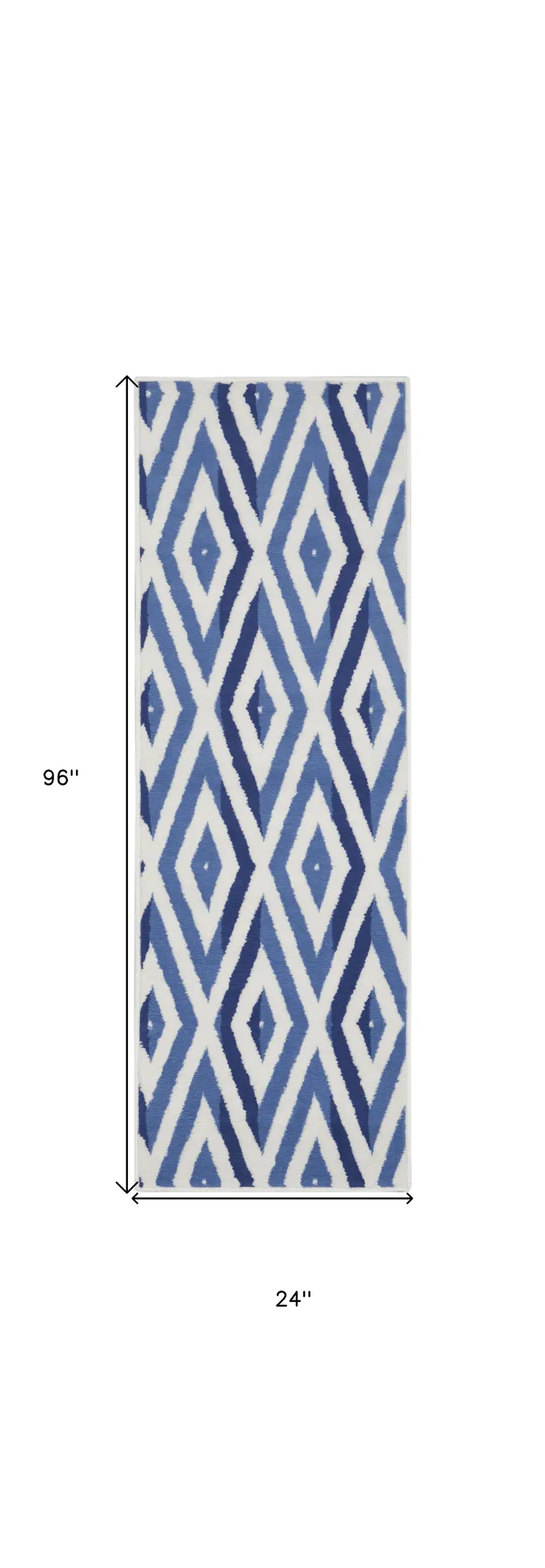 8' Ivory and Blue Geometric Distressed Non Skid Runner Rug