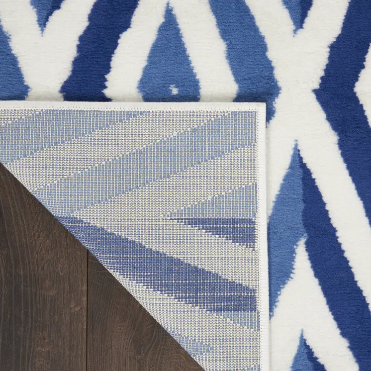 8' Ivory and Blue Geometric Distressed Non Skid Runner Rug