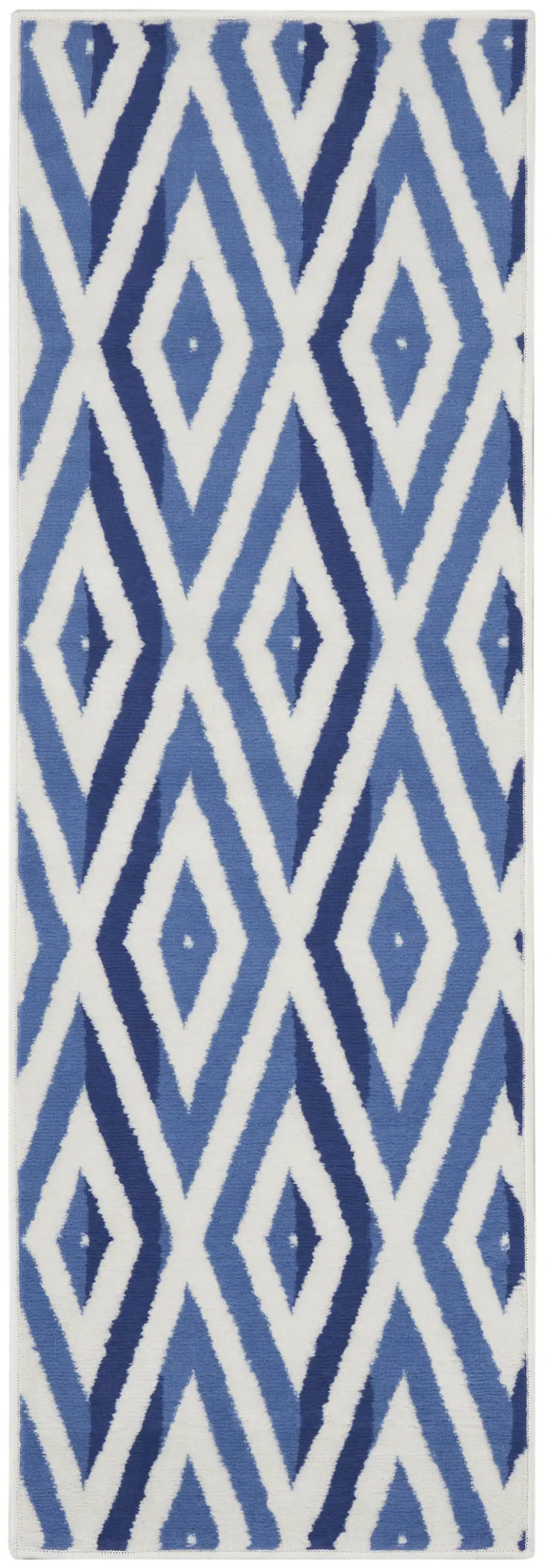 8' Ivory and Blue Geometric Distressed Non Skid Runner Rug