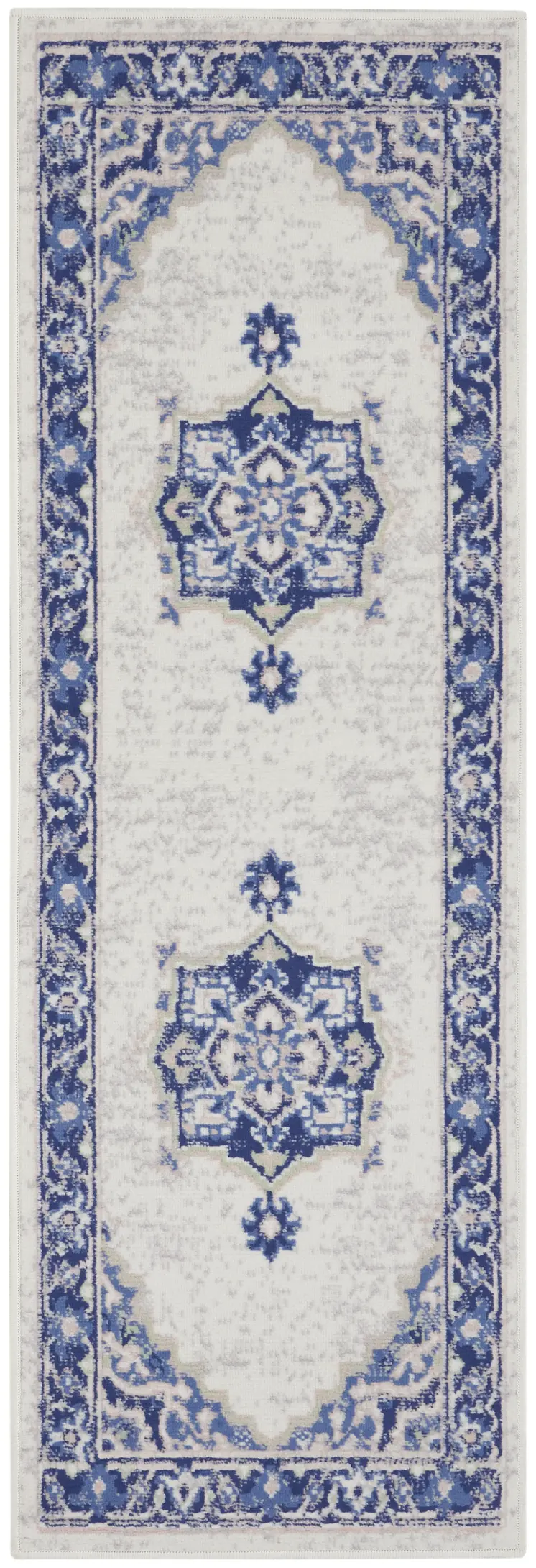 8' Ivory and Blue Floral Medallion Distressed Non Skid Runner Rug