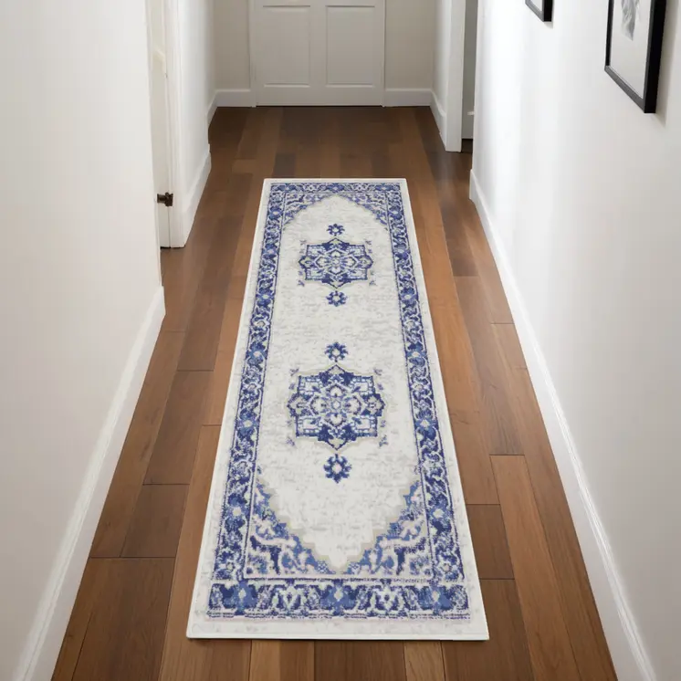 8' Ivory and Blue Floral Medallion Distressed Non Skid Runner Rug