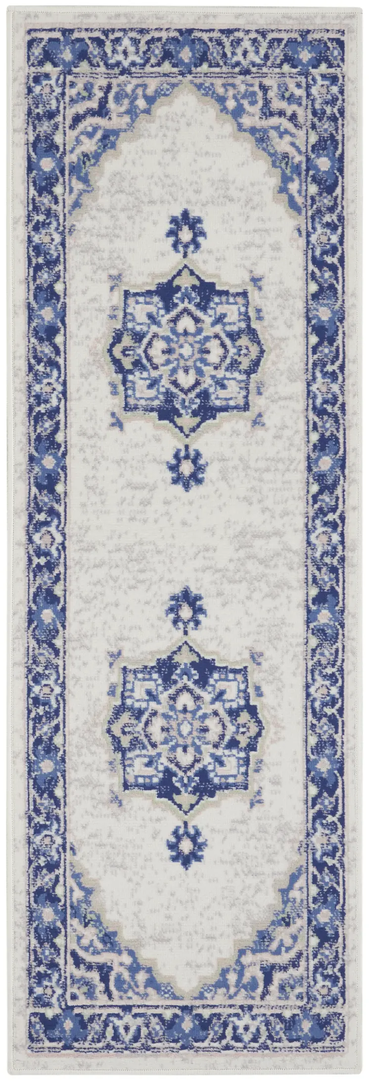 8' Ivory and Blue Floral Medallion Distressed Non Skid Runner Rug