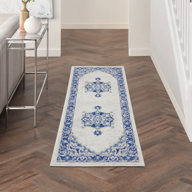 8' Ivory and Blue Floral Medallion Distressed Non Skid Runner Rug