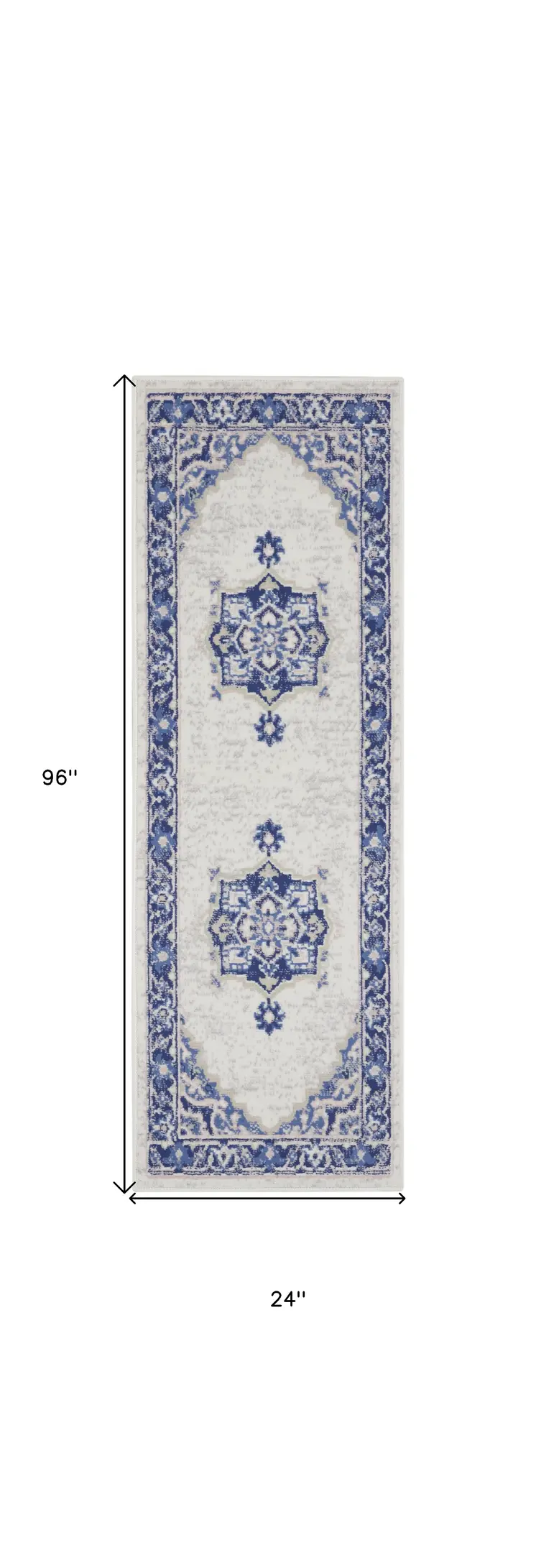 8' Ivory and Blue Floral Medallion Distressed Non Skid Runner Rug