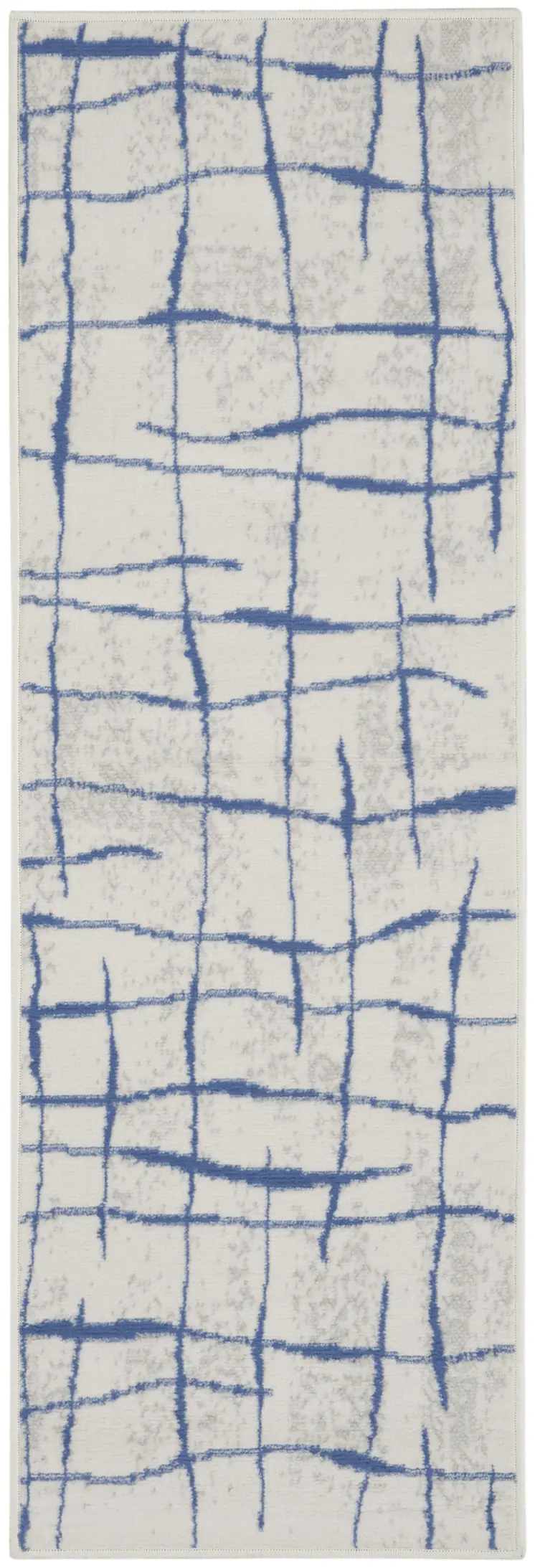 8' Ivory and Blue Abstract Distressed Non Skid Runner Rug