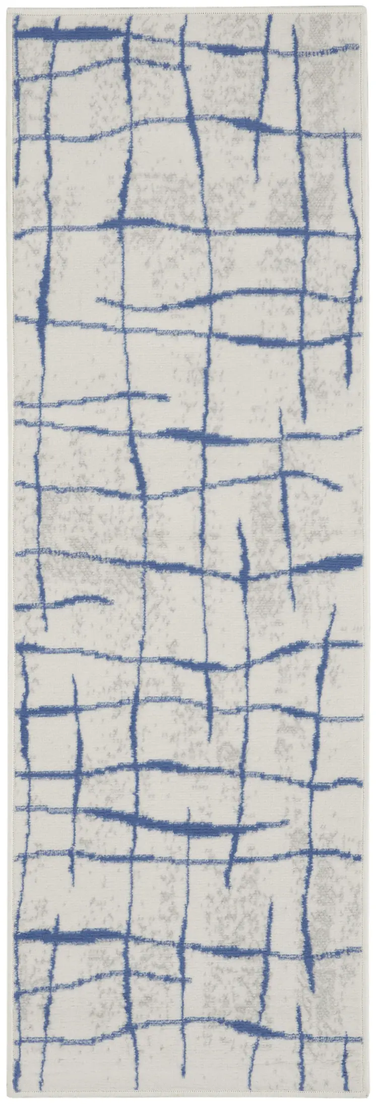 8' Ivory and Blue Abstract Distressed Non Skid Runner Rug