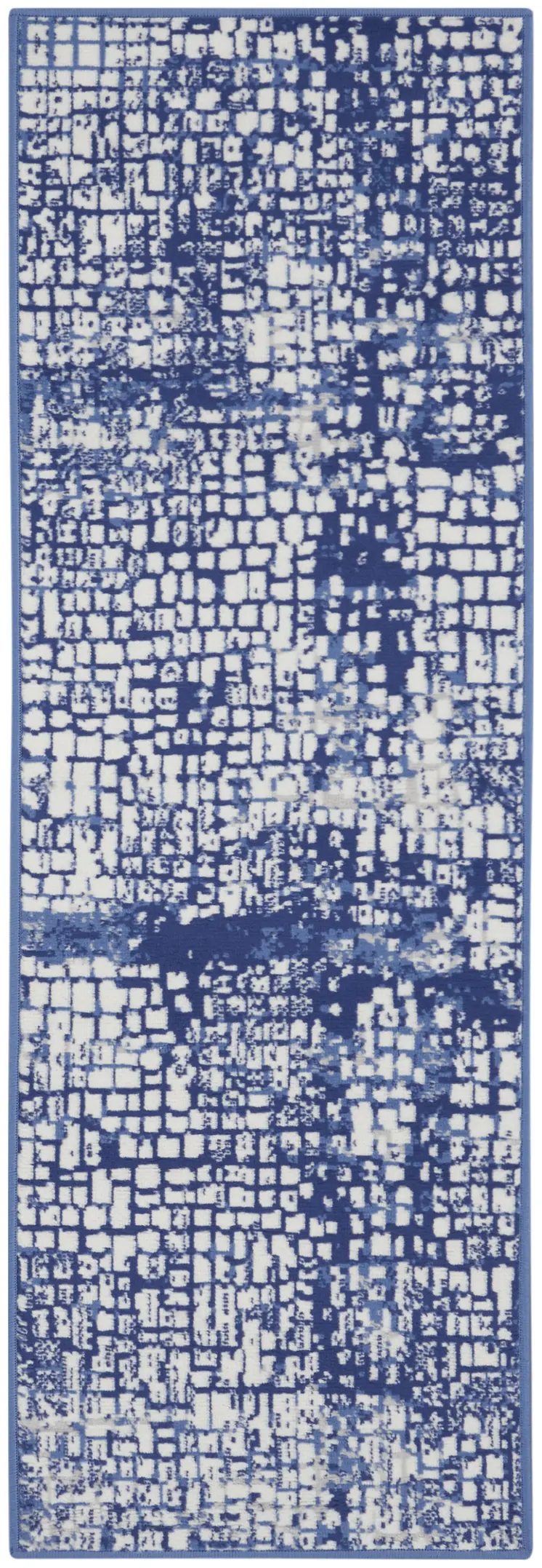 8' Ivory and Navy Blue Abstract Distressed Non Skid Runner Rug