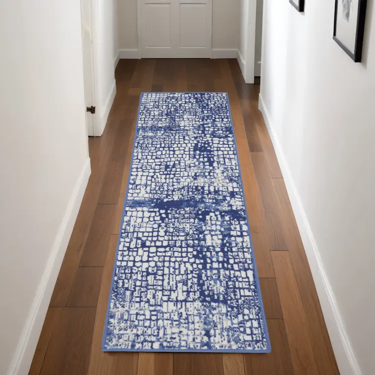 8' Ivory and Navy Blue Abstract Distressed Non Skid Runner Rug