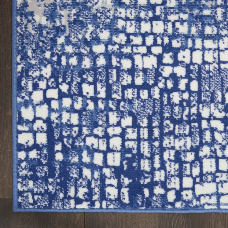 8' Ivory and Navy Blue Abstract Distressed Non Skid Runner Rug