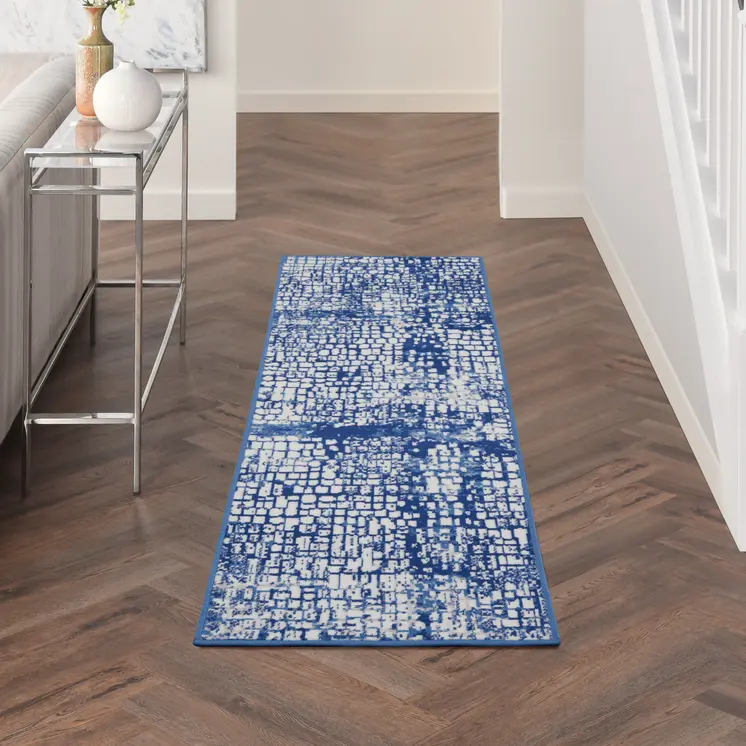 8' Ivory and Navy Blue Abstract Distressed Non Skid Runner Rug