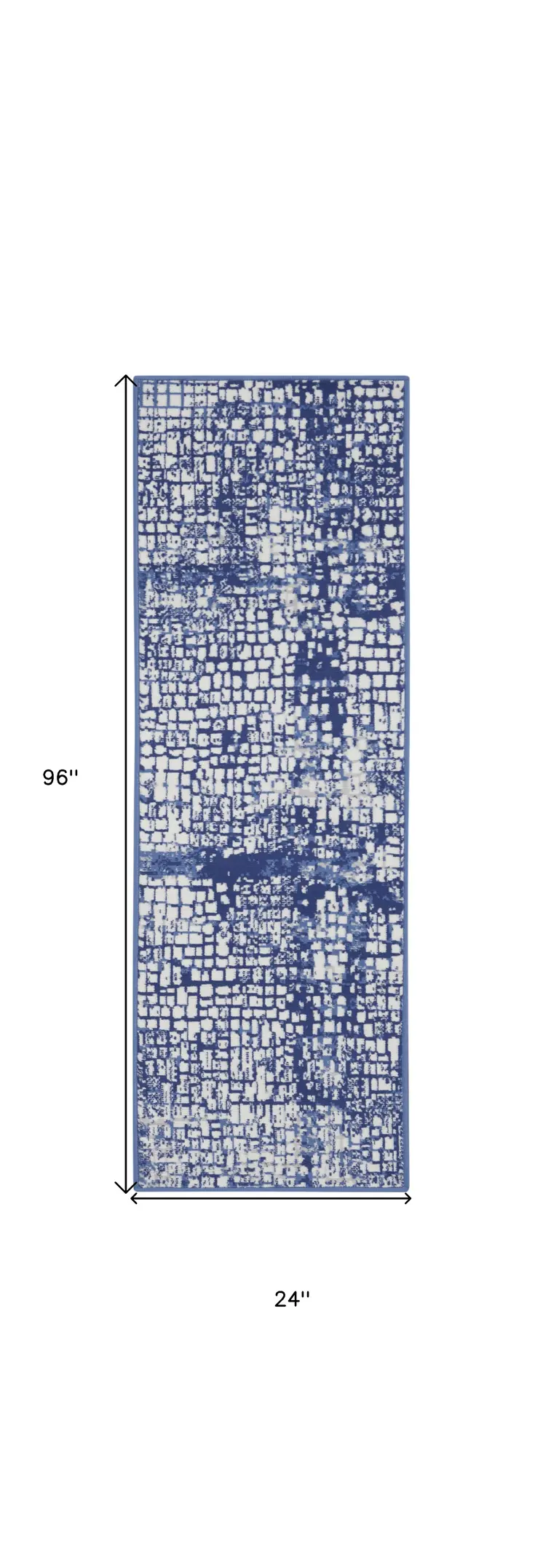 8' Ivory and Navy Blue Abstract Distressed Non Skid Runner Rug