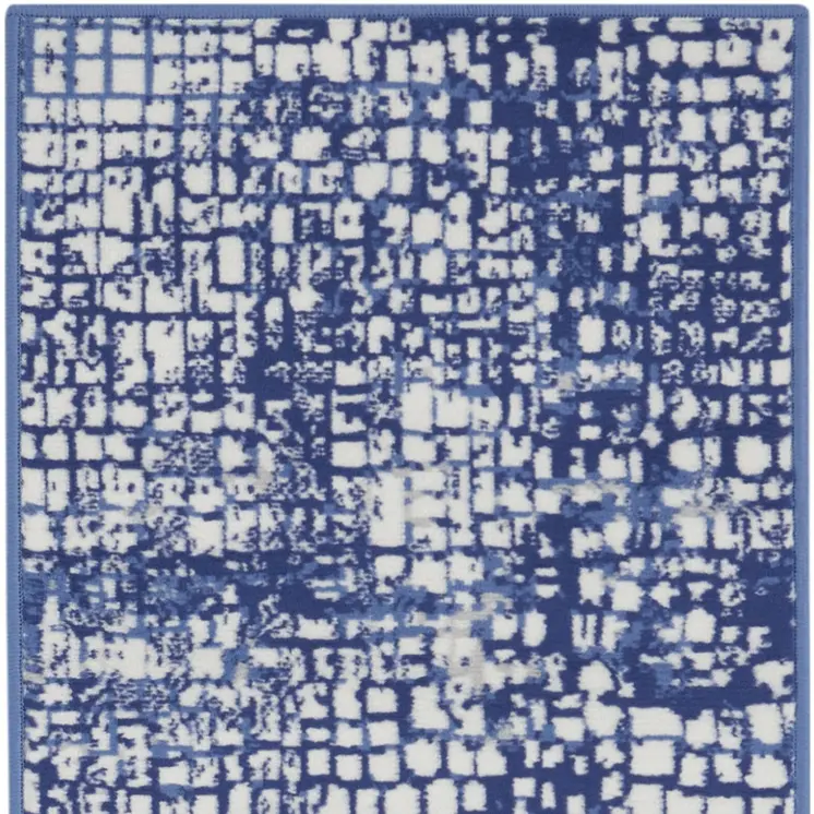 8' Ivory and Navy Blue Abstract Distressed Non Skid Runner Rug