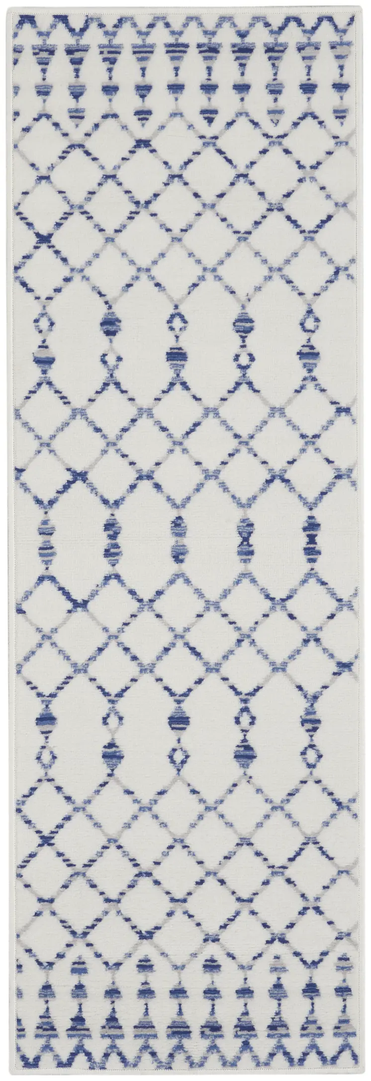 8' Ivory and Blue Geometric Distressed Non Skid Runner Rug