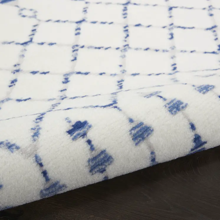 8' Ivory and Blue Geometric Distressed Non Skid Runner Rug