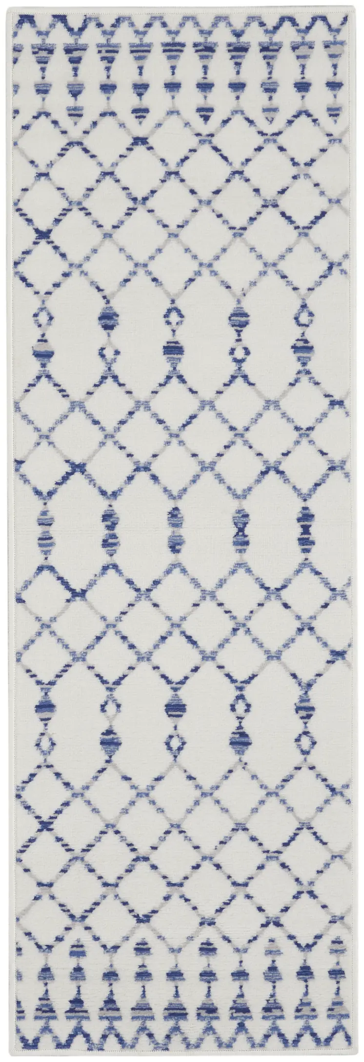 8' Ivory and Blue Geometric Distressed Non Skid Runner Rug