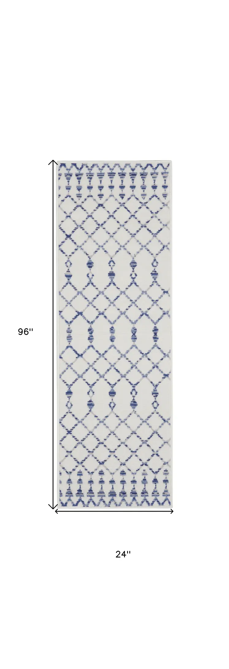 8' Ivory and Blue Geometric Distressed Non Skid Runner Rug