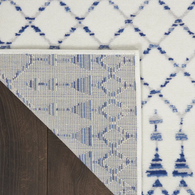 8' Ivory and Blue Geometric Distressed Non Skid Runner Rug
