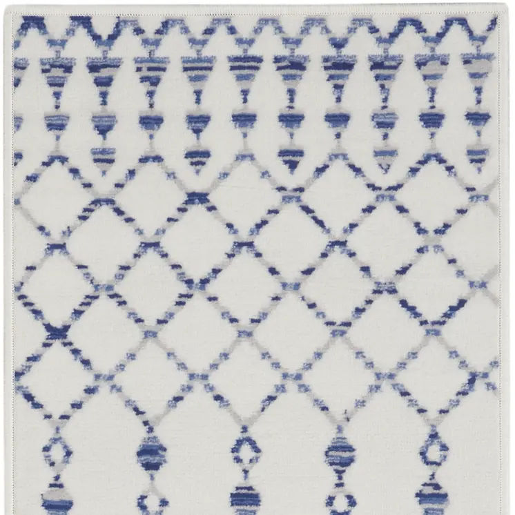 8' Ivory and Blue Geometric Distressed Non Skid Runner Rug