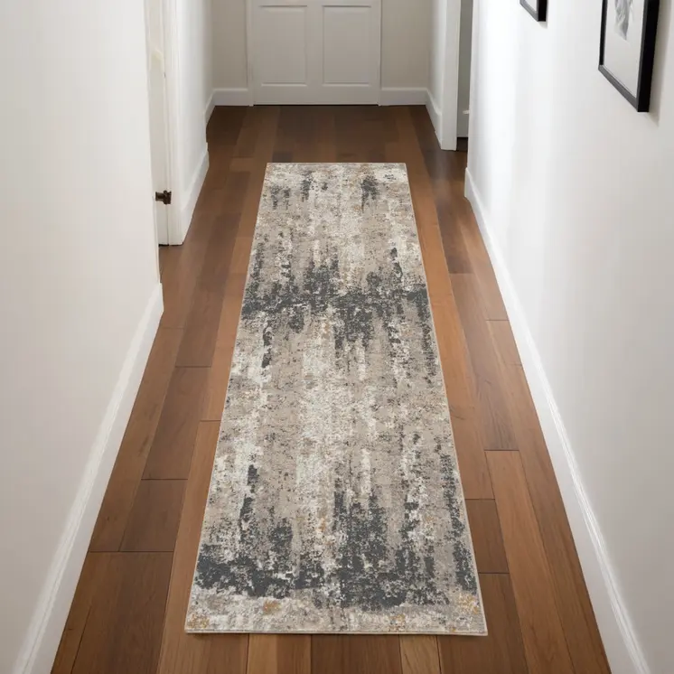 8' Cream Black and Gray Abstract Runner Rug