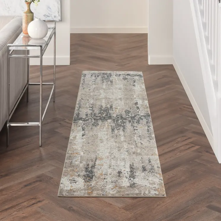 8' Cream Black and Gray Abstract Runner Rug