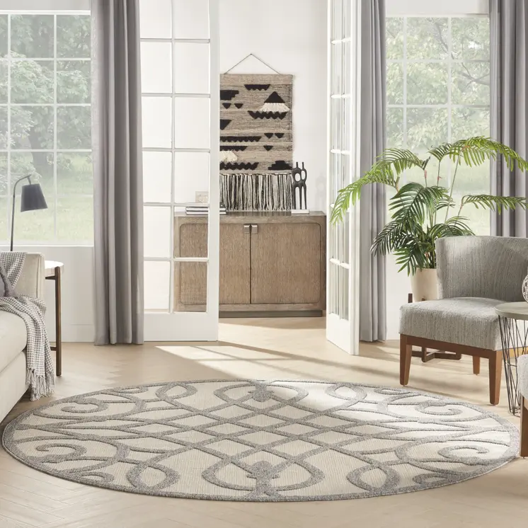 8' Cream And Gray Round Trellis Indoor Outdoor Area Rug