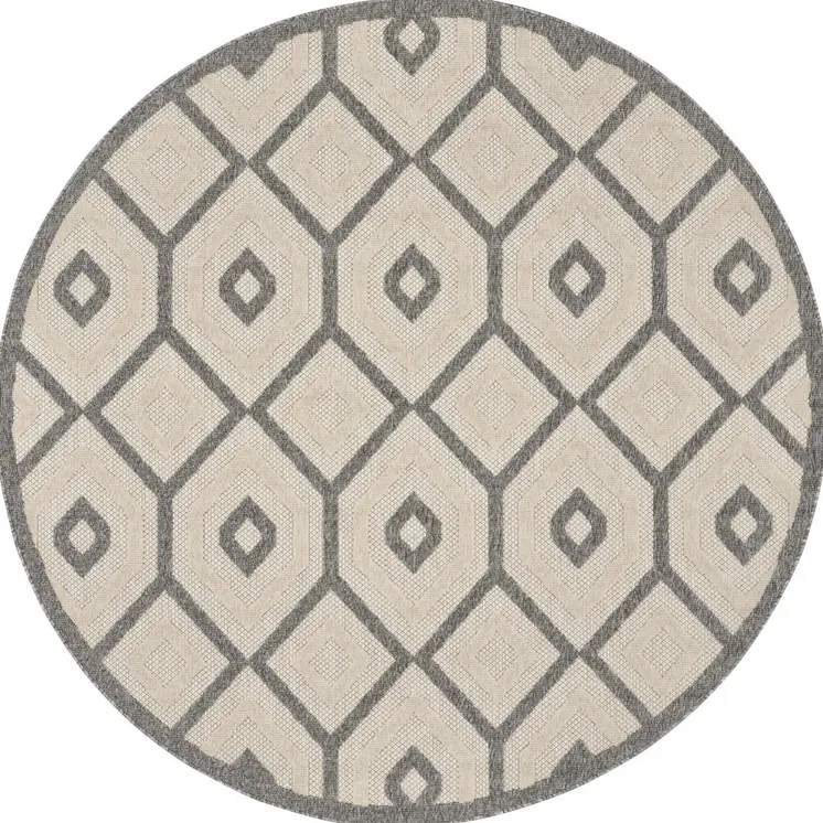 8' Cream And Gray Round Geometric Indoor Outdoor Area Rug
