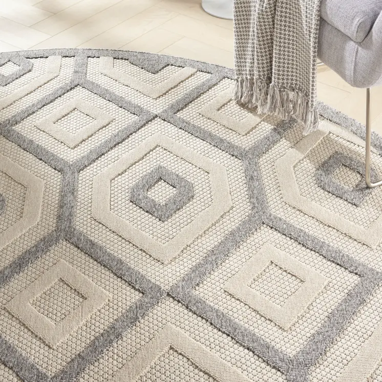 8' Cream And Gray Round Geometric Indoor Outdoor Area Rug