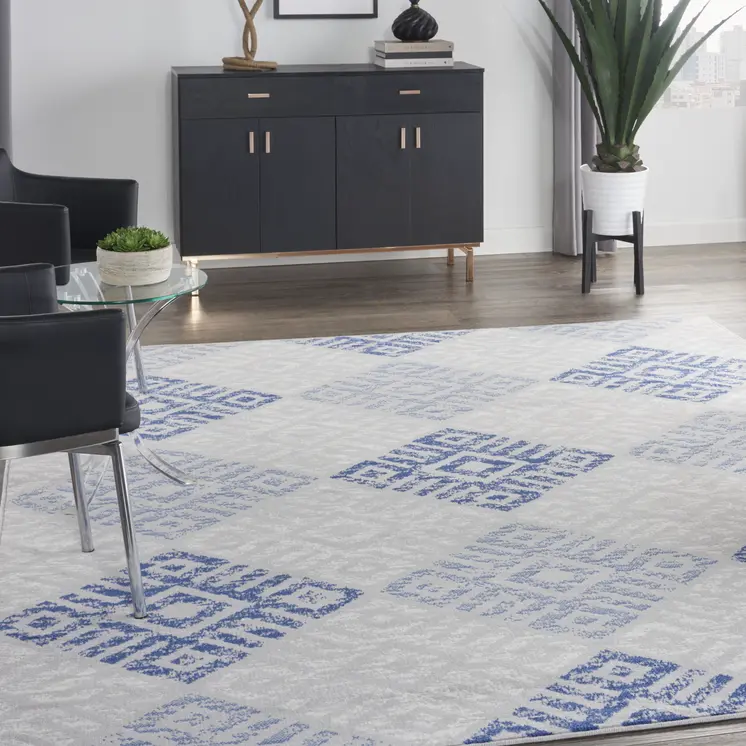 7' X 10' Beige Blue and Gray Geometric Distressed Non Skid Area Rug