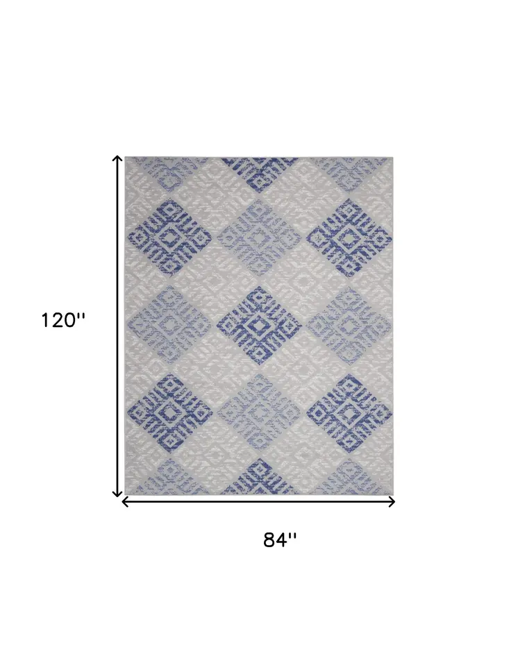 7' X 10' Beige Blue and Gray Geometric Distressed Non Skid Area Rug
