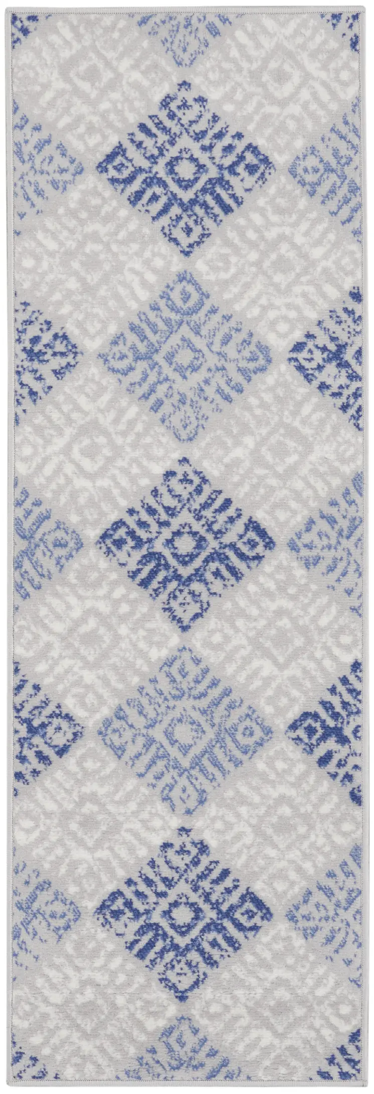 8' Beige Blue and Gray Geometric Distressed Non Skid Runner Rug