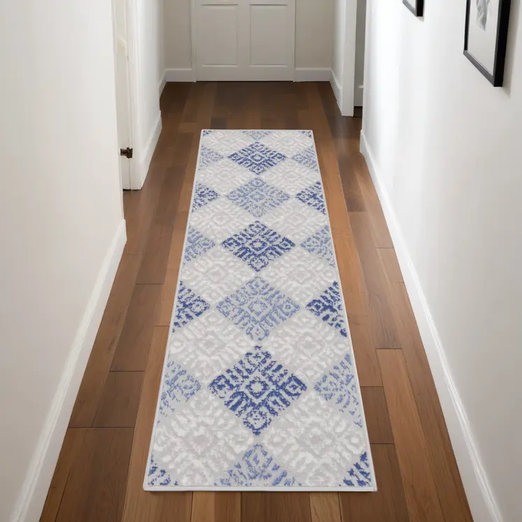 8' Beige Blue and Gray Geometric Distressed Non Skid Runner Rug