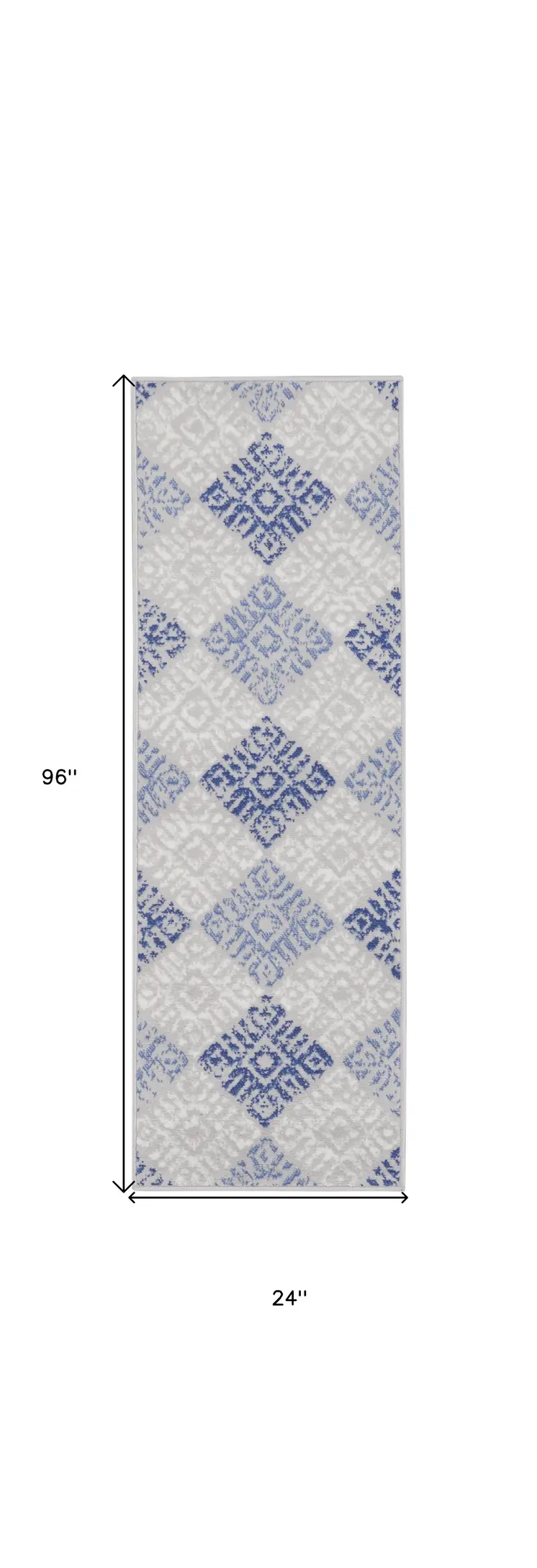 8' Beige Blue and Gray Geometric Distressed Non Skid Runner Rug