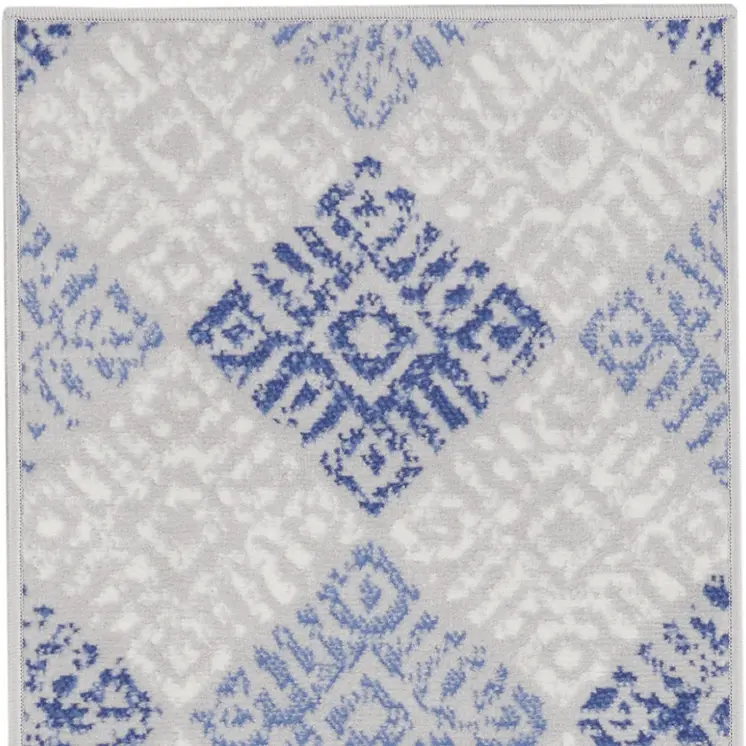 8' Beige Blue and Gray Geometric Distressed Non Skid Runner Rug