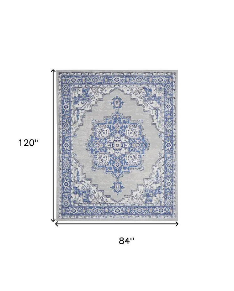 7' X 10' Ivory Blue and Gray Floral Medallion Distressed Non Skid Area Rug