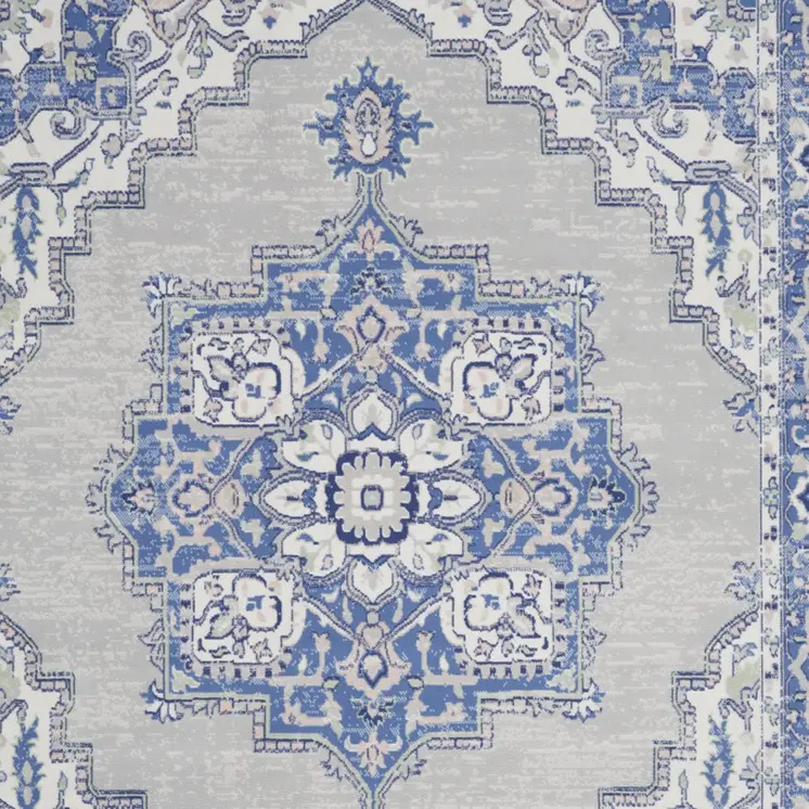 7' X 10' Ivory Blue and Gray Floral Medallion Distressed Non Skid Area Rug