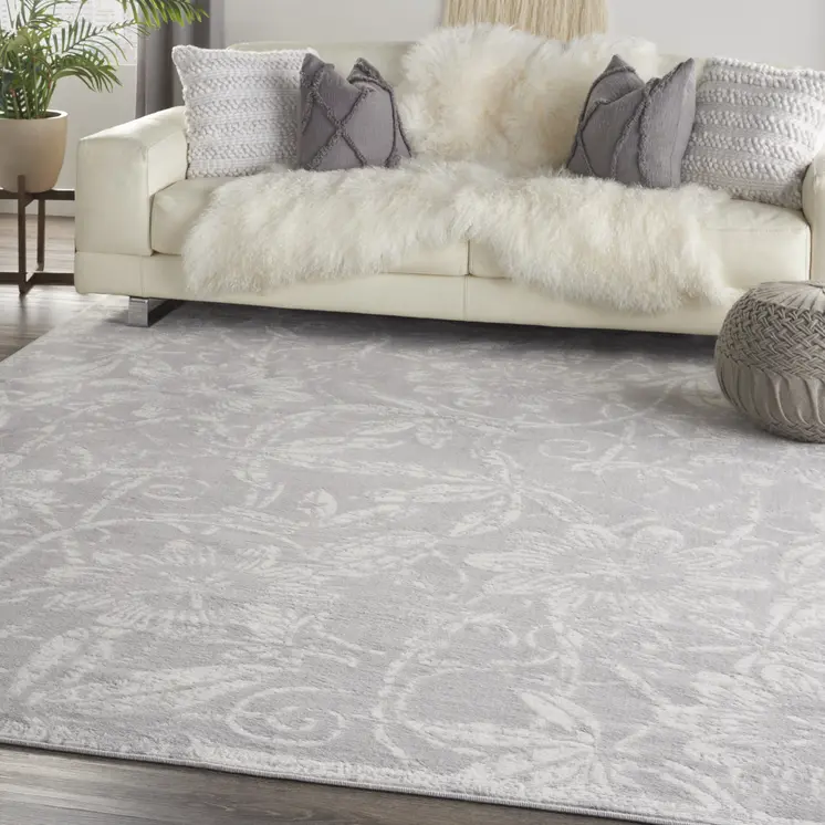 7' X 10' Ivory and Gray Floral Distressed Non Skid Area Rug