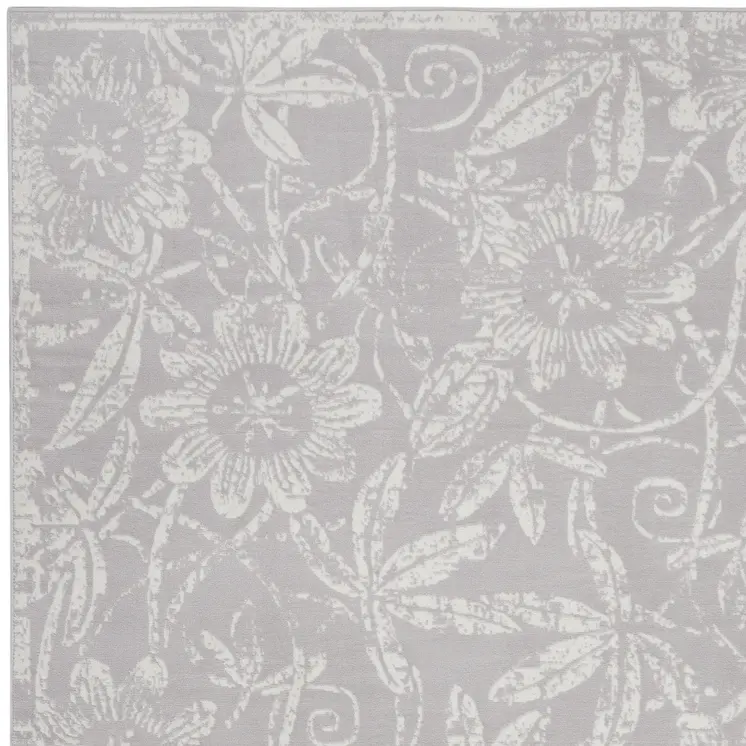 7' X 10' Ivory and Gray Floral Distressed Non Skid Area Rug