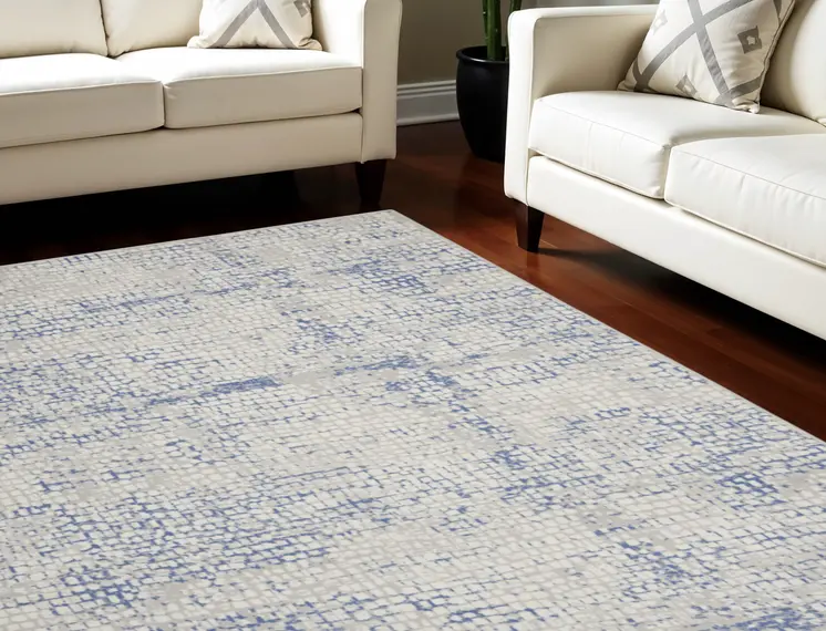 7' X 10' Ivory Blue and Gray Abstract Distressed Non Skid Area Rug
