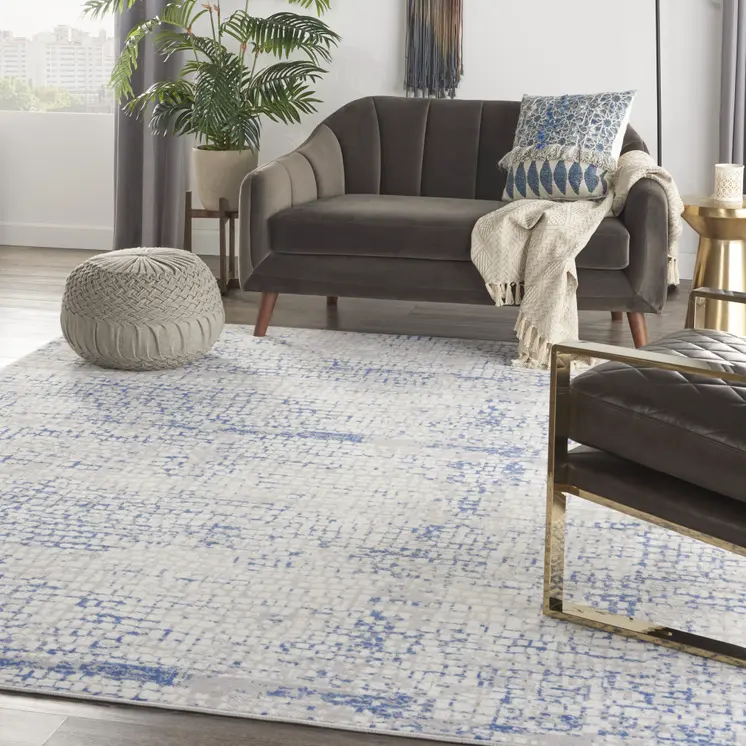 7' X 10' Ivory Blue and Gray Abstract Distressed Non Skid Area Rug