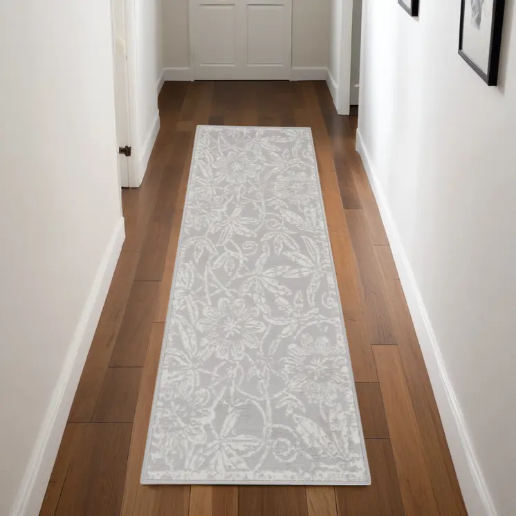 8' Gray and Ivory Floral Distressed Non Skid Runner Rug